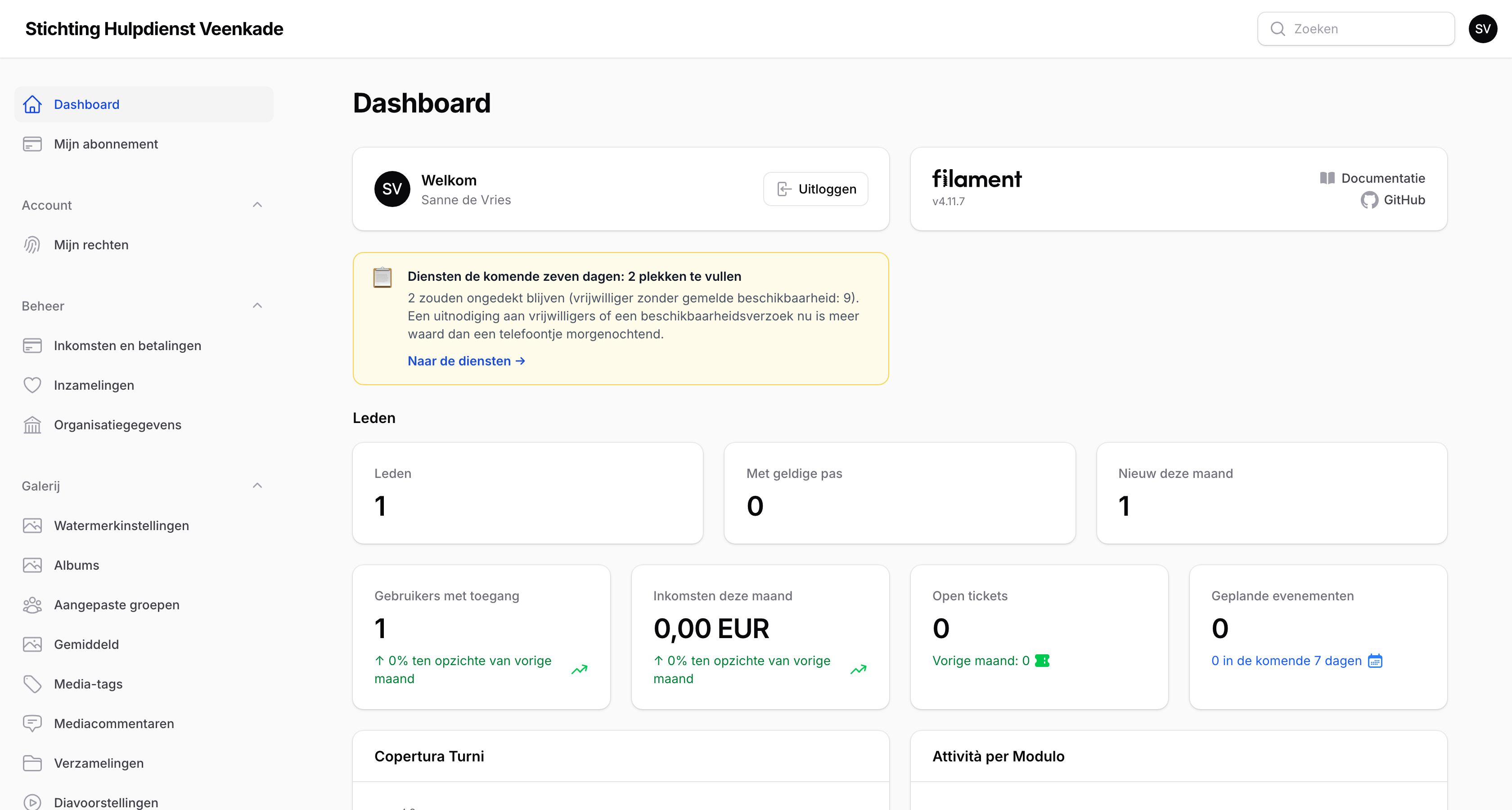 Het dashboard met de melding over de dienstbezetting